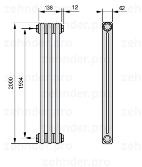 Схема (чертеж) Радиатор Zehnder Charleston 2200/3 №1270 Белый глянцевый RAL 9016